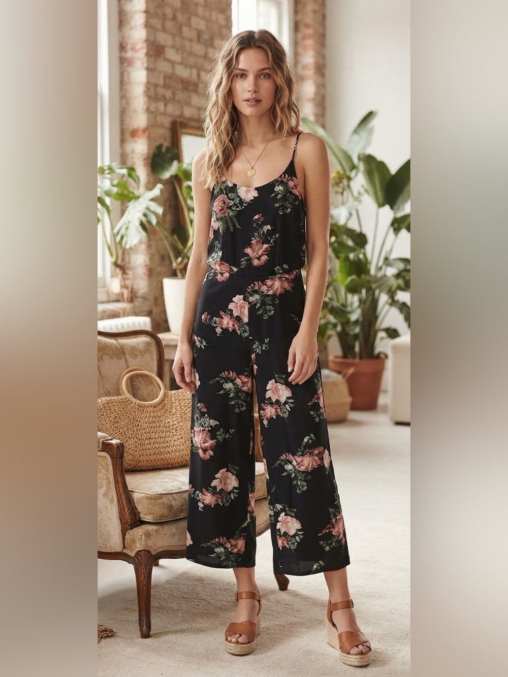 Dex - Floral Black sleeveless jumpsuit with spaghetti straps and pockets - XS